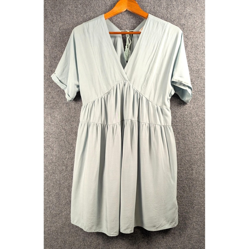 Kirundo Light Sage Green Babydoll Mini Dress Tassel Tie Back Short Sleeve Size L